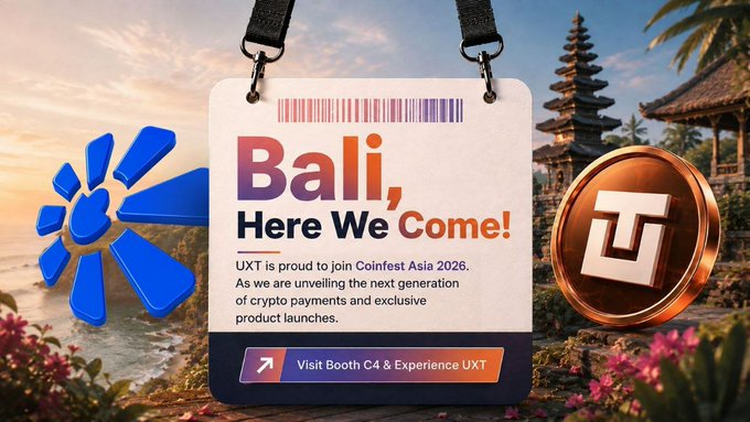 A promotional graphic styled as a boarding pass declares "Bali, Here We Come!" alongside the UXT logo and blue crypto token emblem, announcing UXT's attendance at Coinfest Asia 2026 with a call to "Visit Booth C4 & Experience UXT." The Balinese temple backdrop and tropical setting visually reinforce the travel-themed post announcing their appearance at the conference.