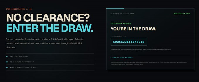 A dark-themed promotional graphic from FLASKS LABS stating 'NO CLEARANCE? ENTER THE DRAW.' with a registration confirmation screen showing 'YOU'RE IN THE DRAW' and a confirmation code.