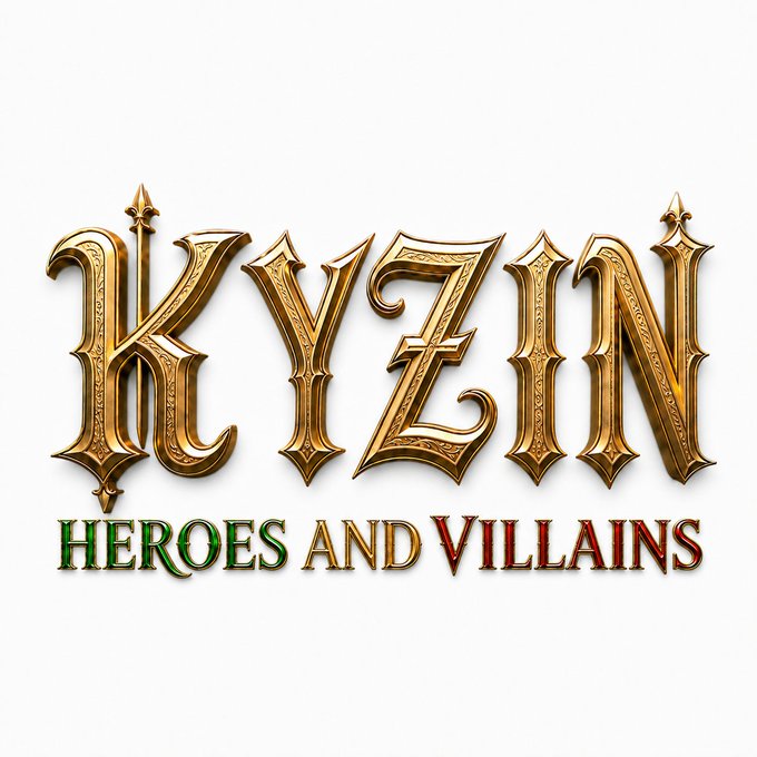 Stylized gold logo reading 'KYZIN' with the subtitle 'HEROES AND VILLAINS' in green and red letters beneath it.