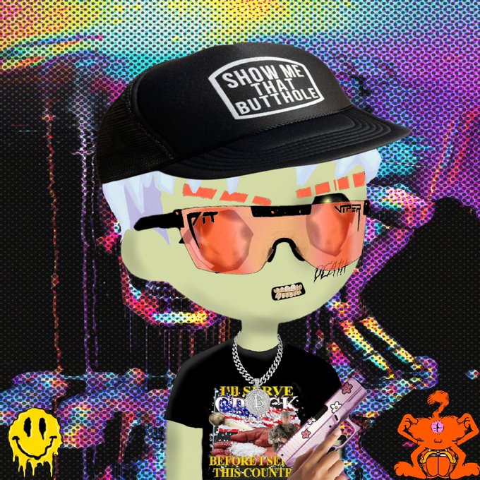 Digital artwork of a stylized character wearing a black cap that reads 'SHOW ME THAT BUTTHOLE', orange sunglasses, and a black t-shirt, set against a psychedelic, glitchy rainbow halftone background.