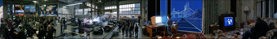 A collage of four scenes including a military command center, an industrial workshop, an office with a Tower Bridge backdrop, and a living room scene.