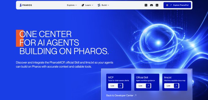 A website banner for Pharos reading 'ONE CENTER FOR AI AGENTS BUILDING ON PHAROS,' featuring navigation links for Explore, Learn, and Build, along with MCP, Official Skill, and 1ms.b1 tabs marked Live.