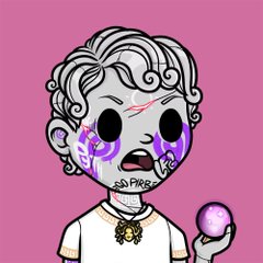 A cartoon-style illustration of a man with curly hair and purple face tattoos holding a glowing purple orb, with the text 'NO PRESS' on his face.