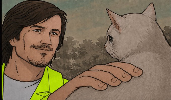 This cartoon depicts a man in a neon green jacket petting a cat, symbolizing the Robinhood CEO's endorsement of the $CASHCAT meme coin. The image is meant to be a bullish sign for the coin's future prospects.