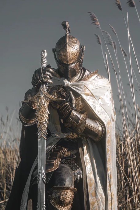 A knight in ornate gold and dark armor stands in a field of tall grass, holding a large sword upright while wearing a flowing white and gold cape.