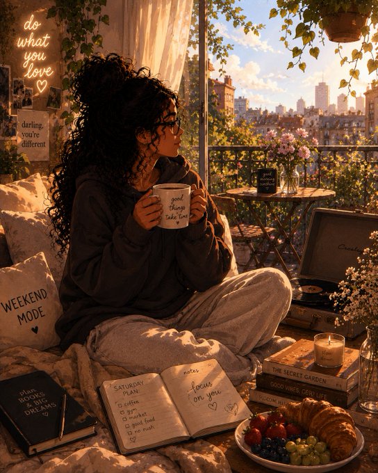 An illustrated scene of a curly-haired woman sitting on a cozy bed holding a mug, with neon signs reading 'do what you love' and 'darling you're different,' a 'WEEKEND MODE' pillow, and a 'Saturday Plan' notebook surrounded by books and fruit.