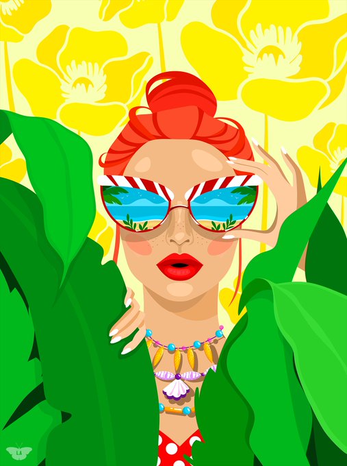 A vibrant digital illustration features a stylish woman with red hair styled in a top bun, wearing striped sunglasses and layered beaded necklaces, partially hidden behind large green leaves against a bold yellow floral background. The tropical, summery artwork complements the celebratory tone of the secondary sale announcement.