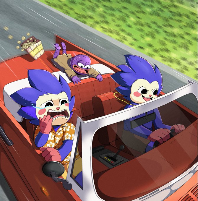 A cartoon illustration shows two purple anthropomorphic characters driving a red convertible while a smaller purple creature in the backseat flails as popcorn flies from a basket, capturing a chaotic, humorous moment that fits the playful tone of a Choglist giveaway art contest.