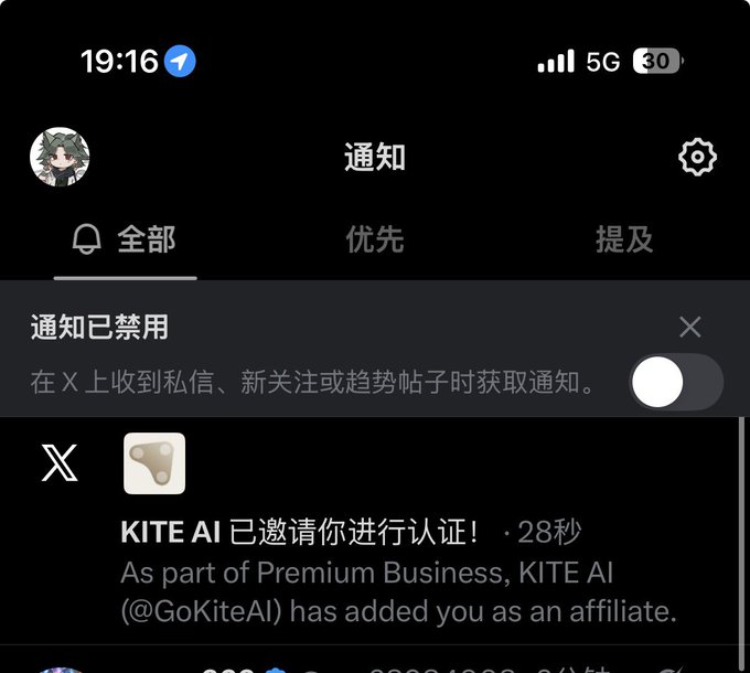 A screenshot of X (formerly Twitter) notifications in Chinese, showing that push notifications are disabled, with a notification from "KITE AI (@GoKiteAI)" indicating they have added the user as an affiliate under "Premium Business," received 28 seconds ago. The image relates to the post by visually confirming the user's new Premium Business affiliate status with KITE AI.