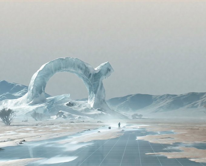 The image features a man walking across an icy landscape, with a large ice sculpture or "ice arch" nearby. The scene also includes mountains in the background, suggesting that this frozen environment could be part of a larger natural formation or even a man-made structure. The caption reads "Immutable," which implies that the location is not subject to change and remains constant over time.