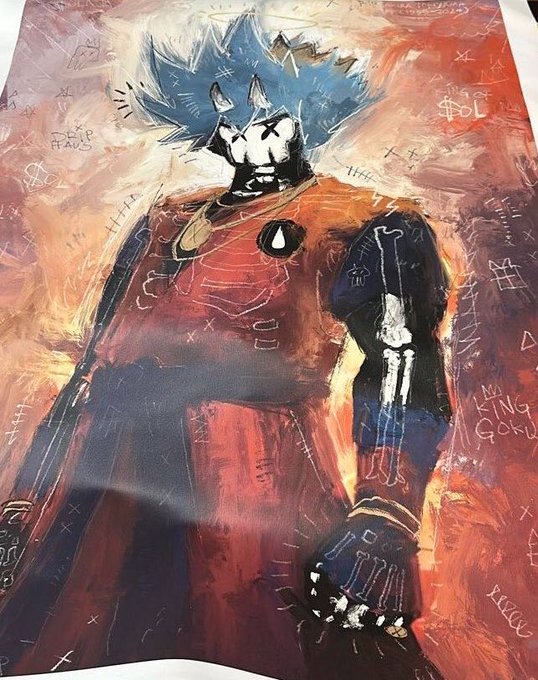 An expressive painting of a muscular, spiky-haired anime-style warrior (labeled "King Goku") wearing a red and black outfit, holding up a fist against a textured orange and brown background covered in symbols.