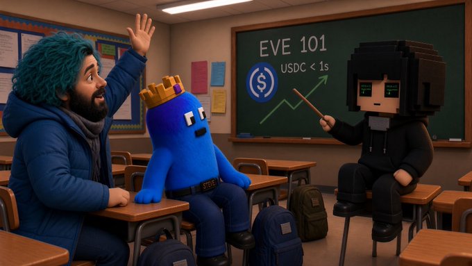 A 3D-rendered classroom scene shows a blue blob character wearing a golden crown sitting at a desk with a man with teal hair, while a dark-haired character points a stick at a chalkboard reading 'EVE 101 USDC < 1s'.