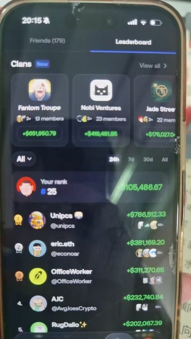 A smartphone displays a FOMO app leaderboard showing the "Fantom Troupe" clan ranked #1 with 13 members and earnings of $661,950.79, alongside individual rankings like "Unipcs" at +$786,512.33 and "eric.eth" at +$381,169.20, illustrating the 25th place revenue achievement referenced in the post.