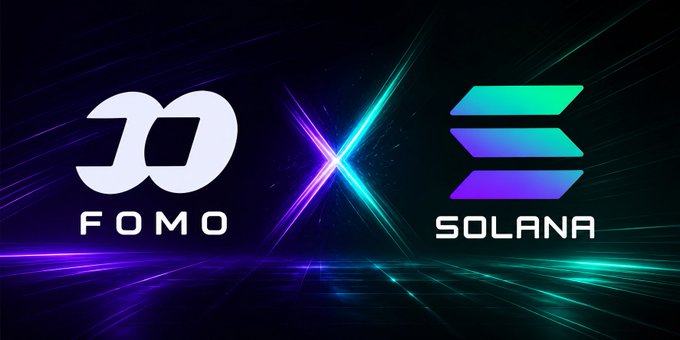 The image displays a promotional graphic featuring the white "FOMO" logo on the left and the purple-teal Solana logo on the right, separated by a glowing "X" against a dark, neon-lit background, symbolizing a partnership or connection between the two crypto platforms. This visual reinforces the post's claim that FOMO, built on the Solana blockchain, could deliver a historic airdrop, while showcasing the referral link "fomo.family/r/CryptoCurb" for a 10% fee discount.