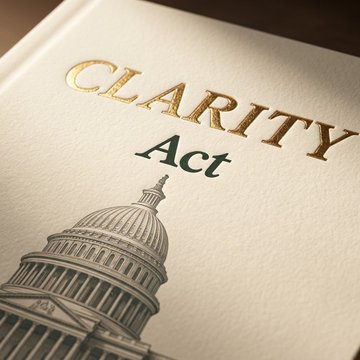 Close-up of a book or document cover featuring the text 'CLARITY Act' in gold and black lettering above an illustration of the U.S. Capitol dome.