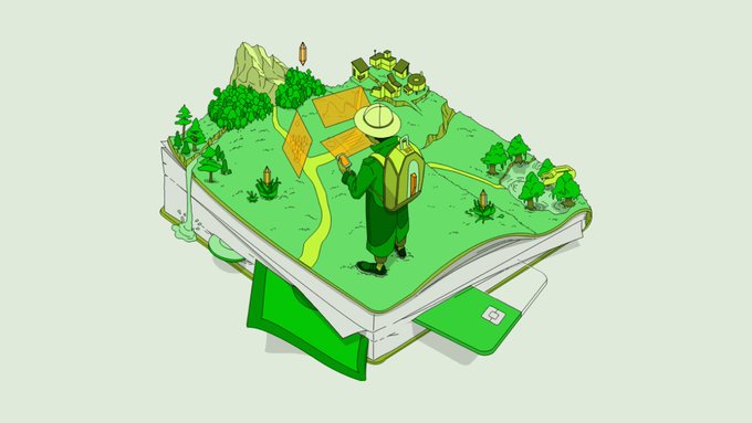 An illustration shows a hiker with a green backpack and hat standing on a pop-up book, holding a map and looking out over a miniature landscape of mountains, forests, and villages.