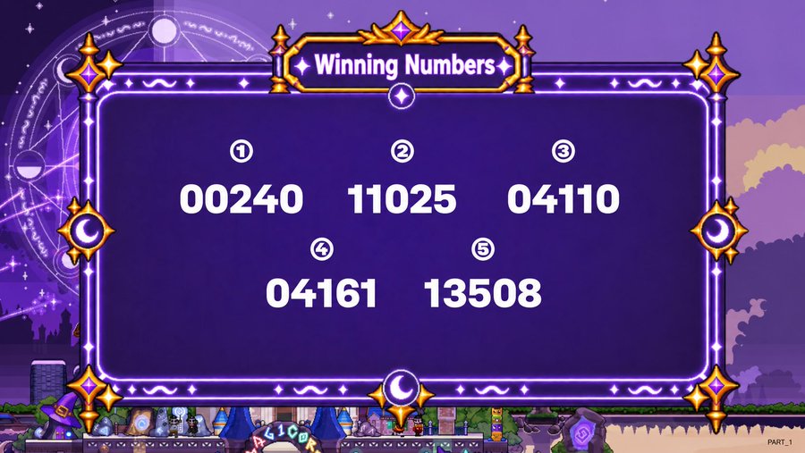 A pixel-art style "Winning Numbers" display showing five numbers: 00240, 11025, 04110, 04161, and 13508, set against a purple background with a Ferris wheel and castle scene.