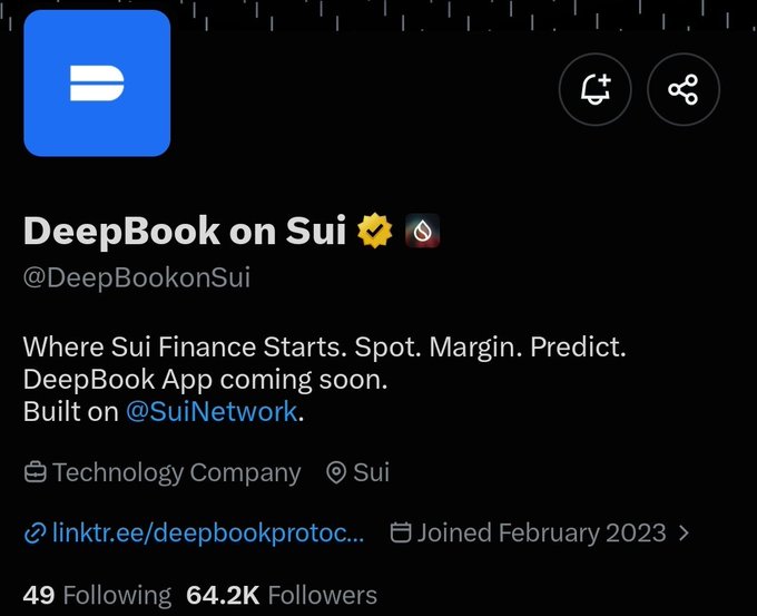 A Twitter/X profile for 'DeepBook on Sui' (@DeepBookonSui) with a blue logo, bio reading 'Where Sui Finance Starts. Spot. Margin. Predict. DeepBook App coming soon. Built on @SuiNetwork.', 64.2K followers, and joined February 2023.