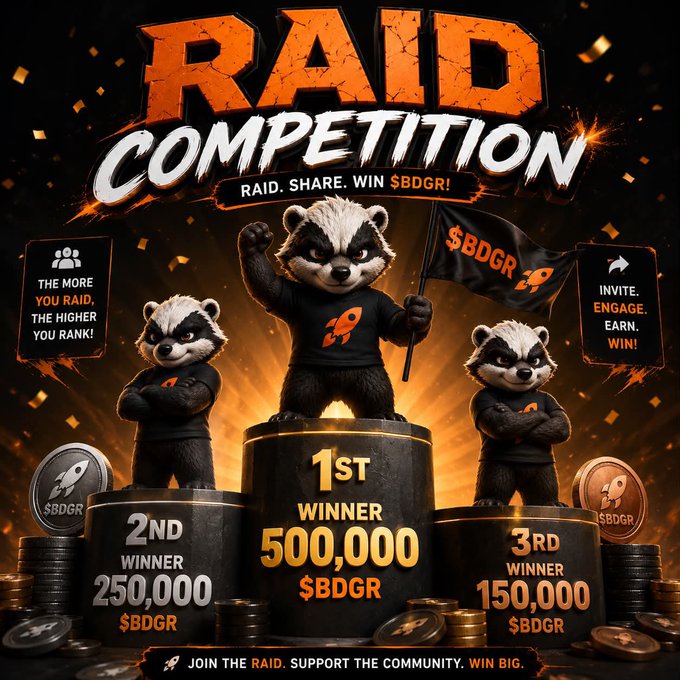 A promotional poster for a 'RAID COMPETITION' with the token ticker $BDGR, showing three raccoons on a podium with prizes of 500,000, 250,000, and 150,000 $BDGR.