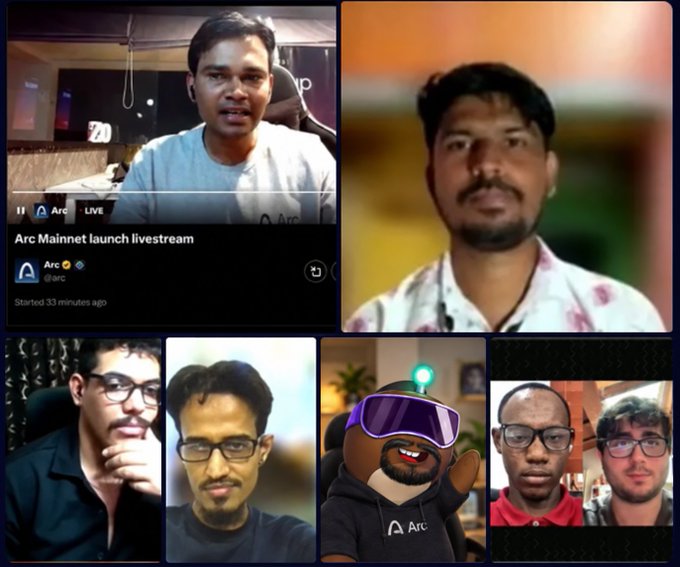 The image is a collage of video feed screenshots from an "Arc Mainnet launch livestream" by Arc (@arc), which started 33 minutes prior, with the bottom panel revealing the previously mysterious team member—shown alongside other team members and an avatar in a VR headset bearing the Arc logo—whose identity has now been publicly disclosed during the livestream.