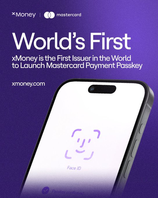 The image features a cell phone that has been taken out of its packaging and placed on a purple background. The phone's screen displays a face identification feature, which could be used for biometric payments or other security purposes. Below the phone, there is text that reads "World's first xMoney is the First Issuer in the World to Launch Mastercard Payment Passkey". This suggests that the image might be related to an advertisement promoting a new payment method using facial recognition technology.