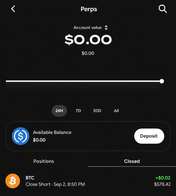 A mobile app screenshot of a 'Perps' trading interface showing an account value of $0.00 and a closed BTC position from Sep 2 at 8:50 PM with a +$0.02 gain.
