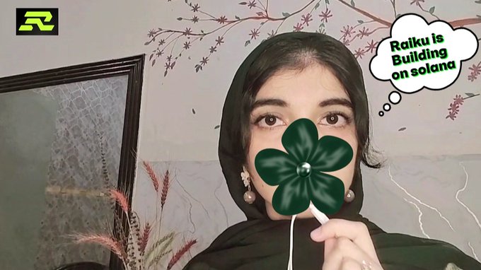 A woman wearing a black headscarf holds a green clover flower in front of her face, with a thought bubble reading 'Raiku is Building on solana.'