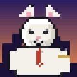 A pixel-art white rabbit wearing a black suit with a red tie against a dark background.