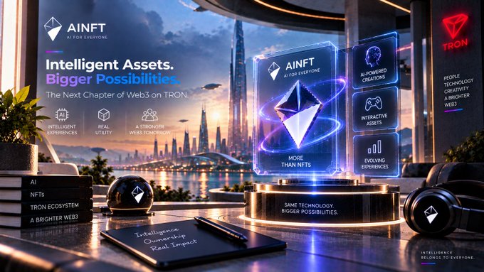 A futuristic promotional display advertises 'AINFT' and 'TRON' with the slogan 'Intelligent Assets. Bigger Possibilities. The Next Chapter of Web3 on TRON,' featuring AI-powered creations and evolving experiences.