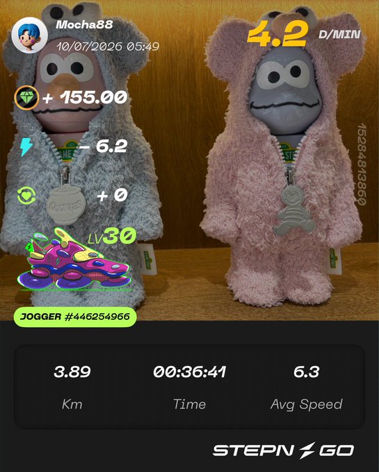 A STEPN GO fitness app screenshot showing a user named 'Mocha88' with stats including +155.00 coins, LV 30, 3.89 Km distance, 00:36:41 time, and 6.3 avg speed, featuring two plush Yeti NFT character sneakers.
