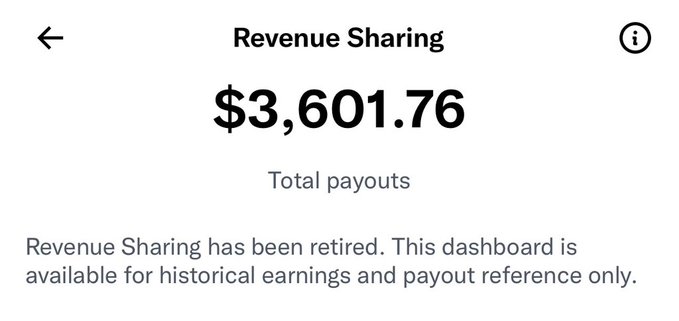 A mobile screenshot displays a "Revenue Sharing" dashboard showing $3,601.76 in "Total payouts," with a note that "Revenue Sharing has been retired. This dashboard is available for historical earnings and payout reference only." The image reflects a nostalgic farewell to a discontinued revenue-sharing program, aligning with the post's theme of celebrating something that has come to an end.