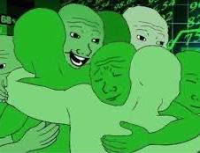 An animated cartoon scene with green-skinned characters hugging each other in what appears to be an emotional moment.