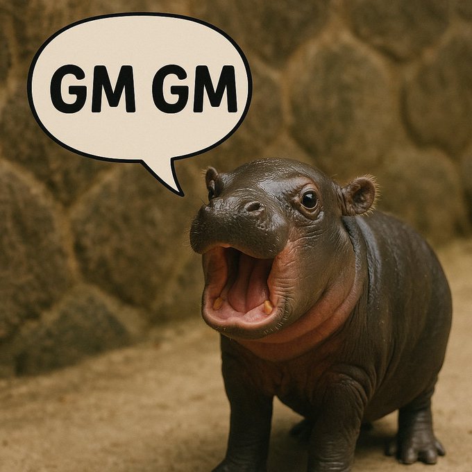 A baby pygmy hippo with its mouth wide open says "GM GM" in a speech bubble, fittingly embodying the crypto community's popular "Good Morning" greeting to celebrate the Brötchen memecoin launch on Solana via pump.fun.