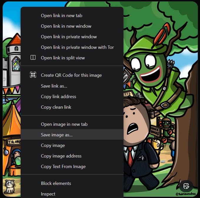 A screenshot showing a Firefox context menu with options like "Open link in new tab," "Save image as...," and "Copy Text From Image," overlaid on a cartoon image of a man in a suit standing next to a Robin Hood character in a medieval setting, signed @boblebonbons.