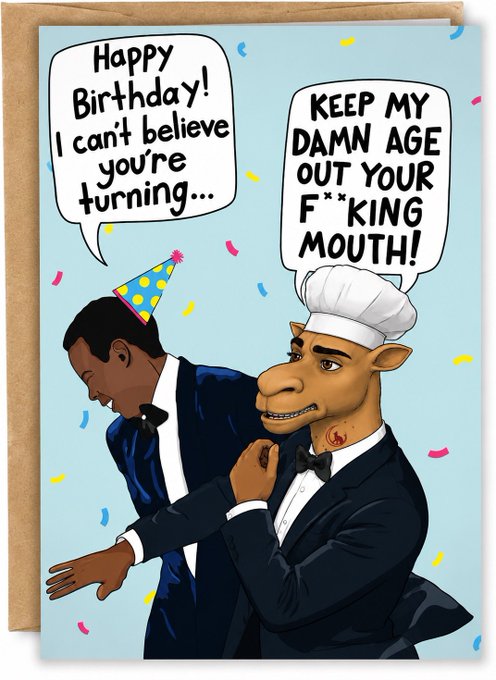 The image is a humorous birthday card featuring two cartoon characters in tuxedos, with one wearing a party hat saying "Happy Birthday! I can't believe you're turning..." and another character with a camel-like appearance wearing a chef's hat angrily responding "KEEP MY DAMN AGE OUT YOUR F**KING MOUTH!"

This comedic birthday greeting aligns with the post's celebratory tone, playfully wishing the "CamelsFam" community a happy birthday while using the NFT project's camel mascot to deliver an edgy, meme-style birthday roast.