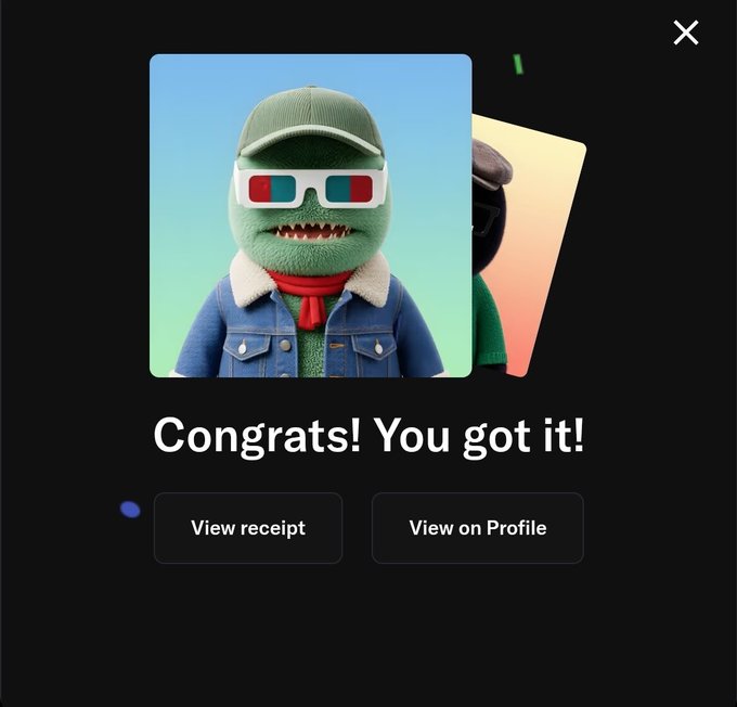 A screenshot of a confirmation popup with a green monster character wearing 3D glasses and a red scarf, displaying the message 'Congrats! You got it!' with options to 'View receipt' or 'View on Profile'.