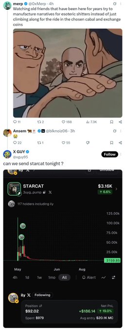 A screenshot of a social media thread where a user @XGUY shows a post about STARCAT token showing a price of $3.16K with +6.0% gain, asking 'can we send starcat tonight?'