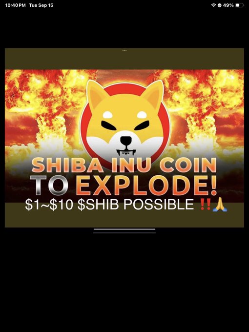A Shiba Inu coin graphic with flames in the background displays the text "SHIBA INU COIN TO EXPLODE! $1~$10 $SHIB POSSIBLE" alongside praying hands emojis, visually reinforcing the post's bullish prediction that $SHIB reaching $1 is inevitable due to Shibarium's cheap fees, fast transactions, and potential ShibETF listing across 100+ global exchanges.