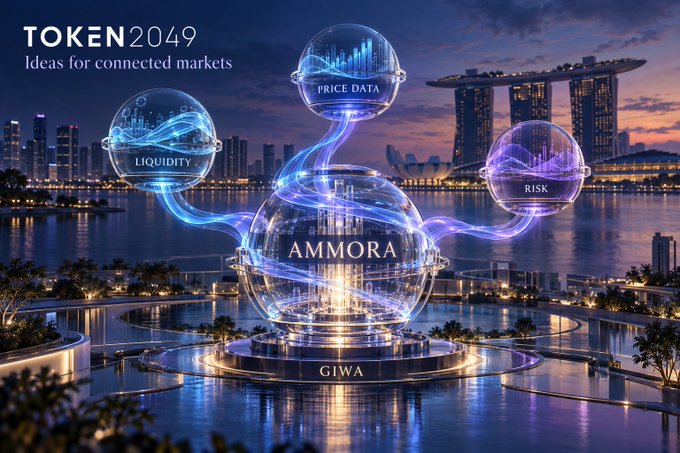 Promotional graphic for TOKEN 2049 with the tagline 'Ideas for connected markets,' showing glowing orbs labeled 'LIQUIDITY,' 'PRICE DATA,' and 'RISK' connected to a central 'AMMORA' orb with 'GIWA' below, set against the Singapore Marina Bay skyline.