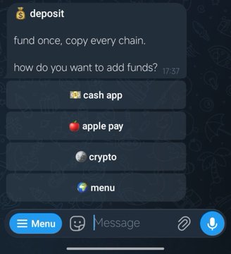 A screenshot of a cryptocurrency deposit menu showing options for "cash app," "apple pay," "crypto," and "menu," with the message "fund once, copy every chain" and the question "how do you want to add funds?"