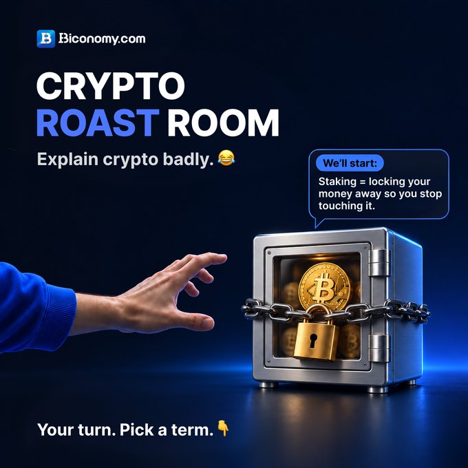 A promotional graphic for 'Biconomy.com' titled 'CRYPTO ROAST ROOM' with the tagline 'Explain crypto badly.😂', showing a hand reaching toward a locked safe containing a Bitcoin, with a speech bubble defining 'Staking = locking your money away so you stop touching it.'