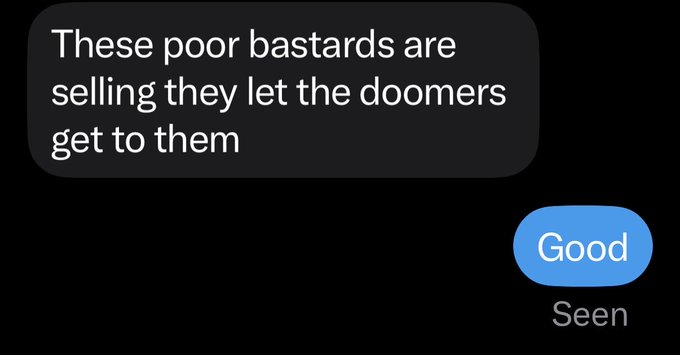 A screenshot of a text message reply reading "These poor bastards are selling they let the doomers get to them" alongside a "Good Seen" iMessage reaction, reflecting a dismissive, mocking tone toward Bitcoin skeptics referenced in the accompanying post about "NGU" (Number Go Up) being Bitcoin's core function.