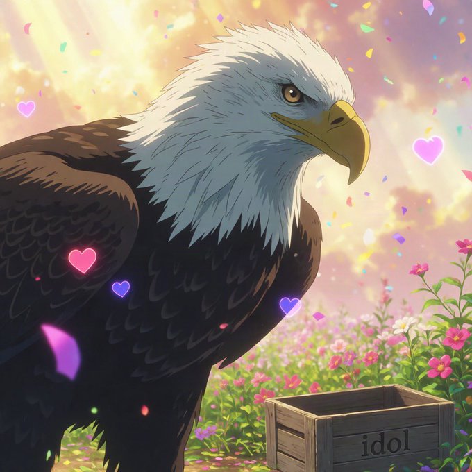 An anime-style illustration of a bald eagle standing in a flower field with pink heart-shaped particles floating around, next to a wooden crate labeled "idol".