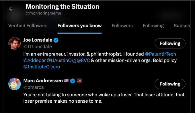 A Twitter profile screenshot for 'Monitoring the Situation' (@monitoringmeme) shows followers including Joe Lonsdale (@JTLonsdale), who describes himself as an entrepreneur, investor, and philanthropist, and Marc Andreessen (@pmarca).