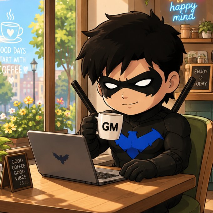 A chibi-style cartoon character dressed as Batman-like superhero, drinking coffee from a 'GM' mug while working on a laptop in a cafe, with signs reading 'GOOD DAYS START WITH COFFEE' and 'happy mind'.
