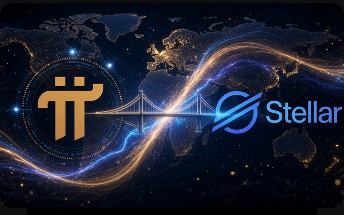 A digital artwork featuring the Pi Network logo on the left and the Stellar logo on the right, connected by a glowing bridge over a world map with light trails.