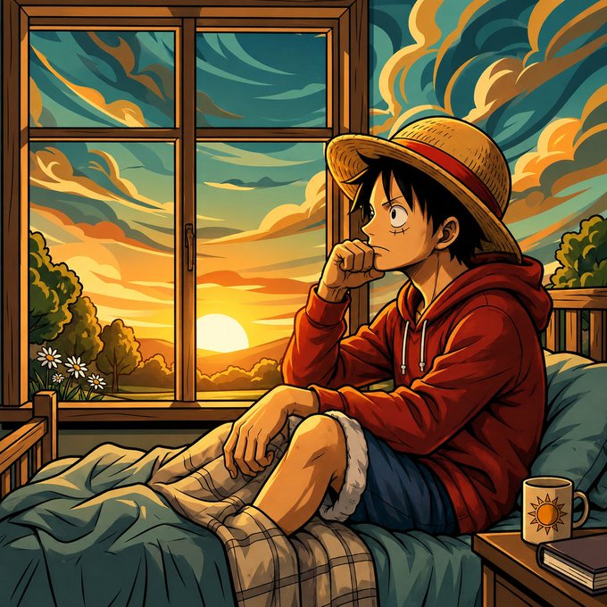 An anime-style drawing of a young man wearing a straw hat and red hoodie, sitting on a bed looking out a window at a golden sunset.
