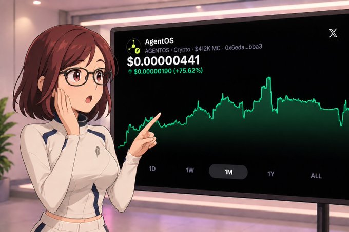 An anime-style character with glasses points at a chart showing "AgentOS" (AGENTOS) crypto token price of $0.00000441 with a +75.62% increase.