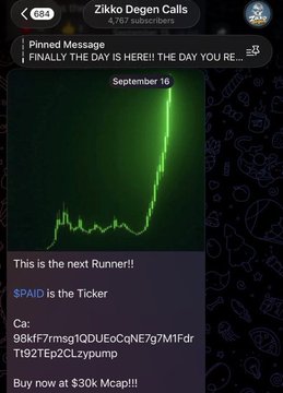 A Telegram group screenshot from "Zikco Degen Calls" displays a pinned message celebrating a $1.49k to $110k profit on the ticker $PAID, featuring a green candlestick chart dated September 16 and a contract address, promoting the call made at a 30k market cap.