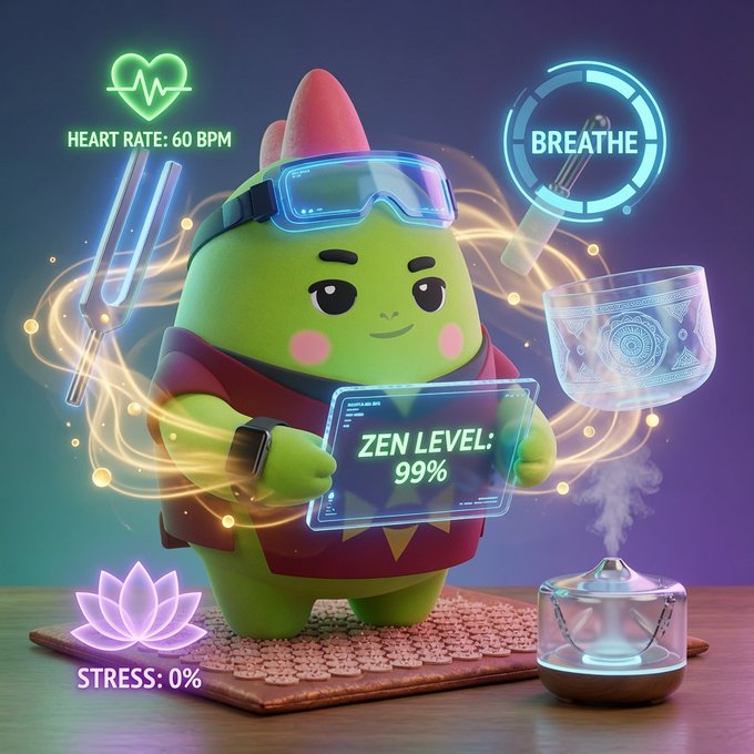 A green cartoon character with a red mohawk wears glowing goggles and holds a tablet displaying 'ZEN LEVEL: 99%', surrounded by holographic wellness indicators including 'HEART RATE: 60 BPM', 'STRESS: 0%', and 'BREATHE'.